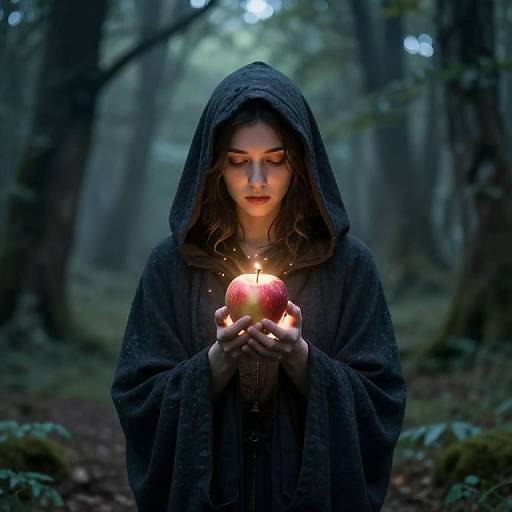 Photorealistic digital art: pale young woman with wavy brown hair, dark hooded cloak, holding glowing apple in dark, misty forest.