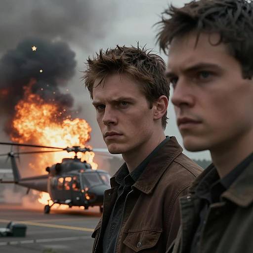 Dramatic Encounter Amidst Fiery Chaos