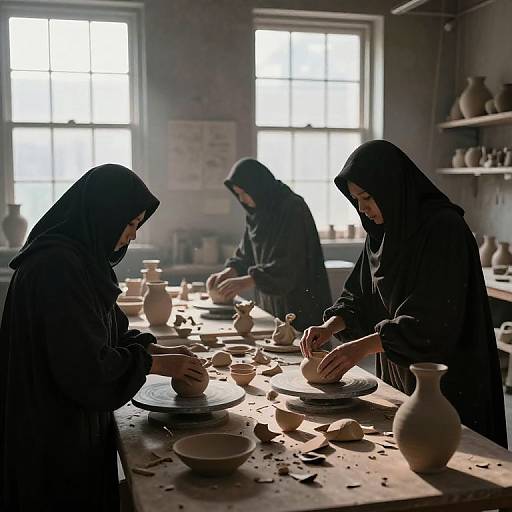 Photograph of three women in black headscarves, working in a dimly lit pottery studio with sunlight streaming through windows.