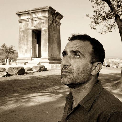 Sepia-toned photograph of a middle-aged man with short dark hair and a beard, gazing upward at an ancient, weathered stone archway