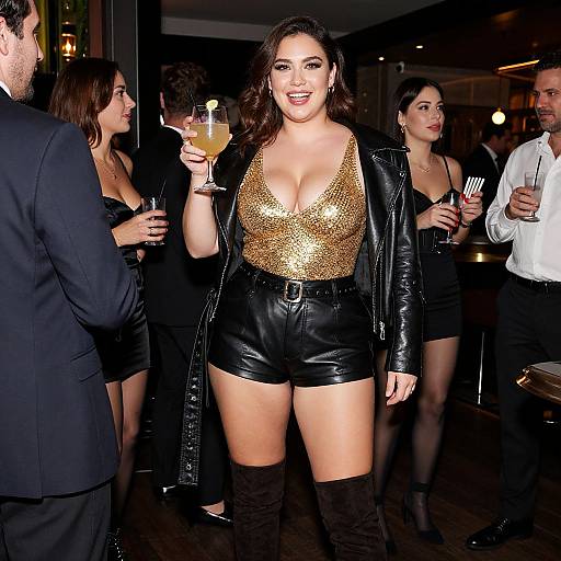 Photograph of a confident woman with curly brown hair, wearing a shimmering gold top, black leather jacket, shorts, and thigh-high boots, holding
