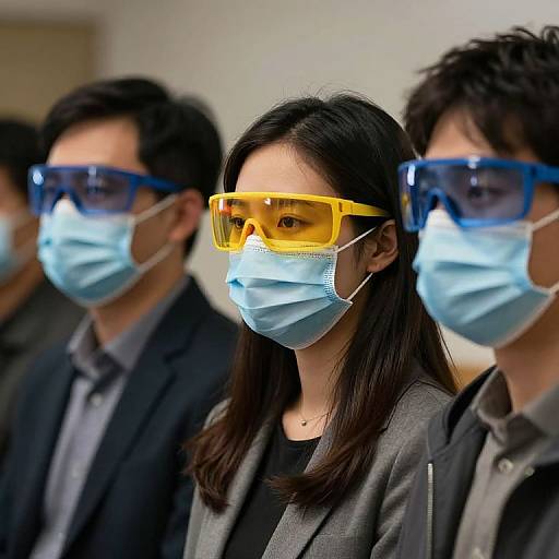Photograph of three Asian individuals, two men and one woman, wearing blue masks and yellow or blue safety goggles, in dark suits, standing in a