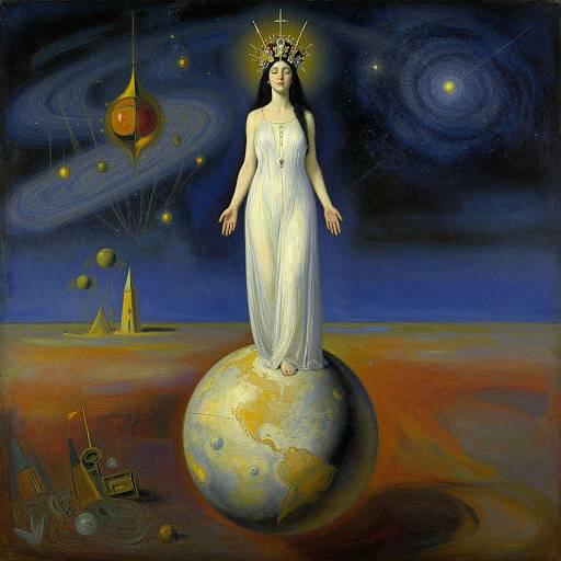 Digital painting of a celestial, pale-skinned woman with black hair, wearing a white, flowing gown, standing on a glowing Earth, with a golden