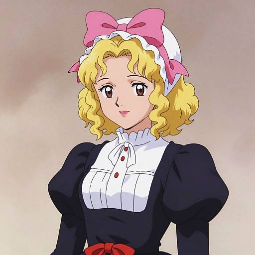 Anime-style digital drawing of a blonde woman with curly hair, pink bow, white headband, black dress, white apron, and red bow.