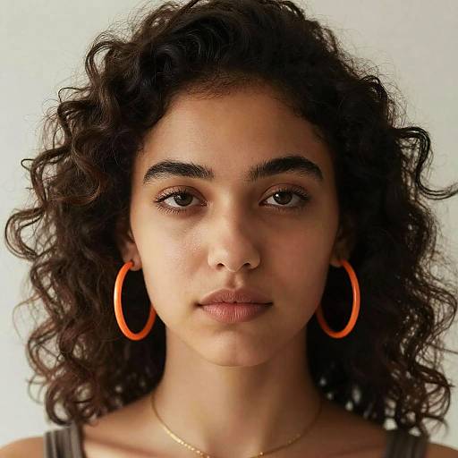 Photograph of a young woman with curly dark hair, brown eyes, and medium brown skin, wearing orange hoop earrings and a gold necklace, against a
