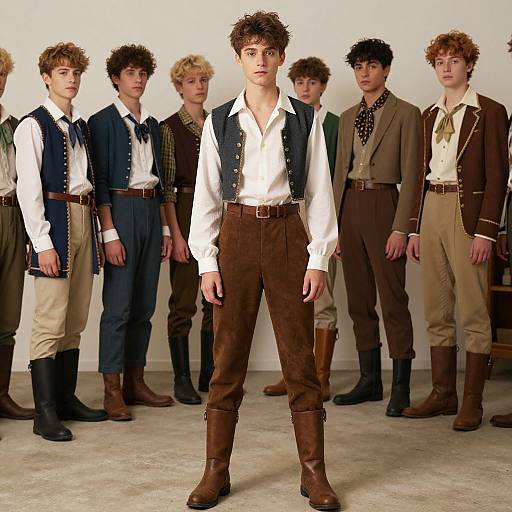 Photograph of nine young men with curly hair, wearing 19th-century-style clothing in shades of brown, blue, and green, standing against a