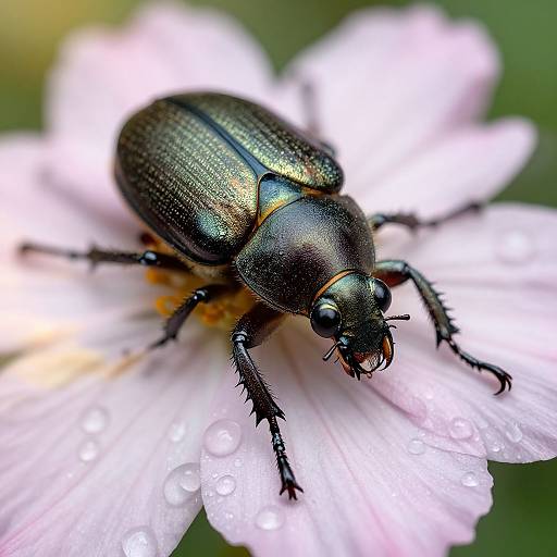 Close-up photograph of a shiny black beetle with iridescent green highlights on a pale pink flower, adorned with dewdrops.