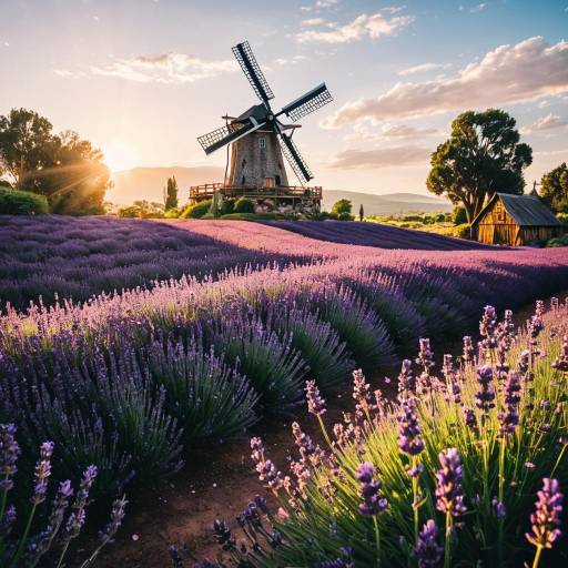 Sunlit Lavender Field with Rustic Windmill