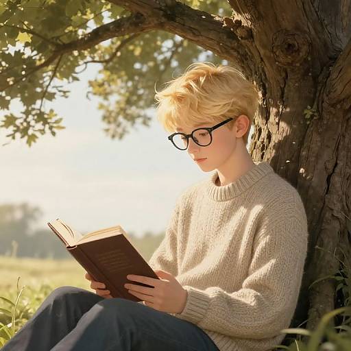 Blonde boy with black glasses reads a book under a tree, wearing a beige sweater and blue pants, bathed in sunlight.