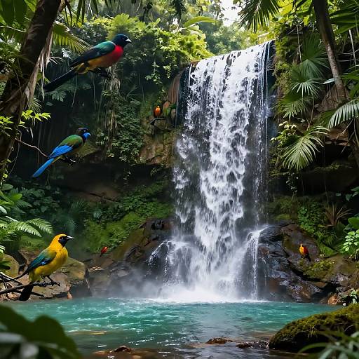 Photograph of a lush jungle waterfall with vibrant parrots, one yellow, one blue, and one multicolored, perched on rocks.