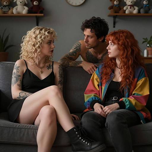 Intimate Trio on a Dark Sofa