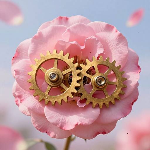 Photograph of a pink rose with two golden gears embedded in its center, set against a bright blue sky background.