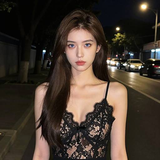 Photograph of a young Asian woman with long dark hair, wearing a black lace dress, standing on a dimly lit nighttime street with cars and street