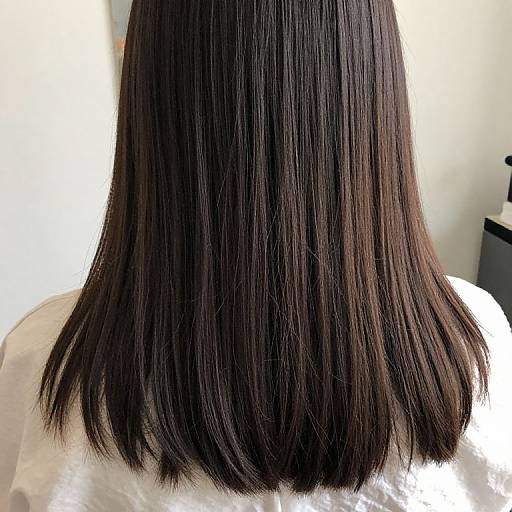 Photograph of a woman's back, showing straight, shoulder-length, dark brown hair with a glossy texture, against a bright white background.