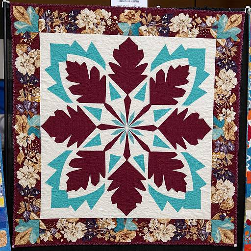 Photograph of a quilt with a maroon maple leaf star pattern, bordered by blue and white triangles, and surrounded by floral fabric.