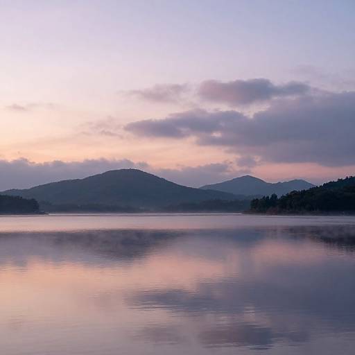 Photograph of a serene lake at dawn, with pastel pink and purple hues reflected on the calm water, surrounded by misty mountains and a cloudy