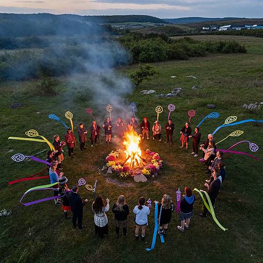 Photograph: Outdoor group gathering around a bright, smoky bonfire in a grassy field, holding colorful, swirling ribbon wands at dusk.