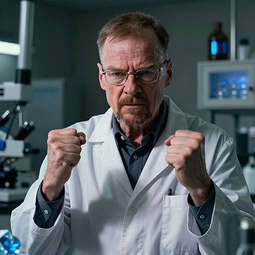 Photograph of a middle-aged white man with glasses, beard, and receding hair, wearing a white lab coat, fists raised, in a dim