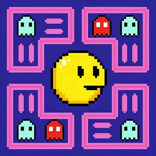 Pixel art of a yellow smiley face in the center surrounded by pink mazes with white and red enemies on a blue background.