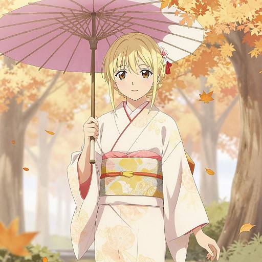 Anime-style digital drawing of a blonde girl in a white kimono with pink and yellow obi, holding a pink umbrella in an autumn forest.