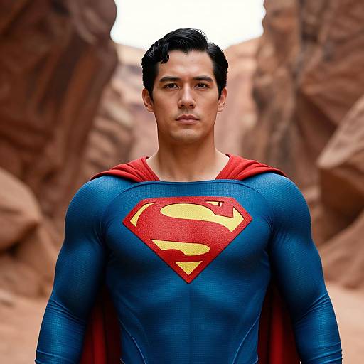 Photorealistic CGI of handsome, dark-haired man in classic Superman costume with red cape, standing in rocky canyon, blue suit, red 'S'