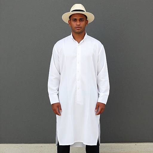 Photograph of a young, dark-skinned man with a serious expression, wearing a white long-sleeve shirt, black pants, and a white