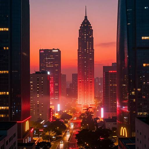 Photograph of a vibrant city skyline at sunset, featuring tall skyscrapers illuminated with red and orange lights, with a visible McDonald's in the foreground