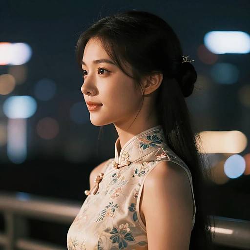 Photograph of an Asian woman with long black hair, wearing a floral-patterned, high-collared, sleeveless dress, illuminated by city lights
