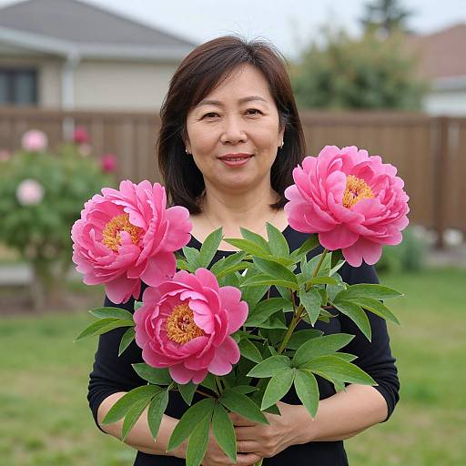 Photograph of an Asian woman with shoulder-length black hair, wearing a black top, holding three vibrant pink peony flowers in a grassy backyard.