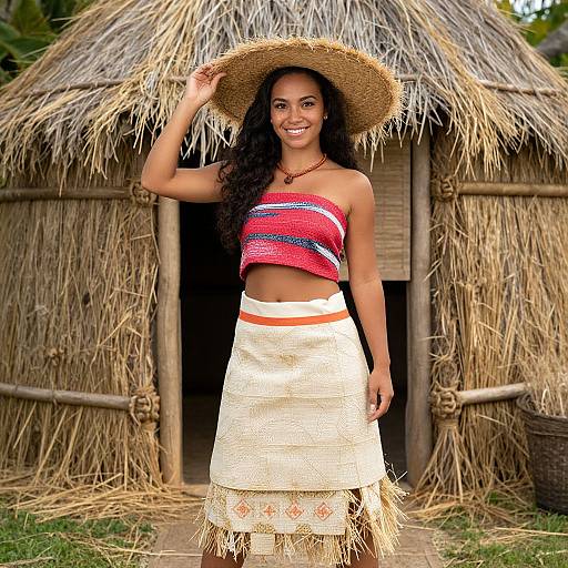 Photograph of a smiling young Black woman with curly hair, wearing a straw hat, red and white striped tube top, and white lace skirt, standing