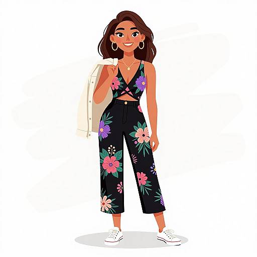 Smiling Woman in Floral Black Jumpsuit with White Sneakers