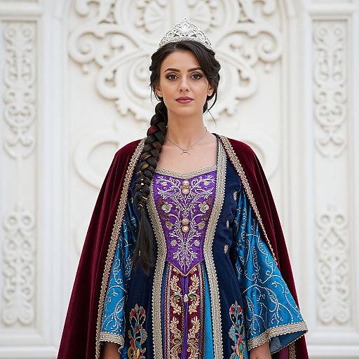 Photograph of a young woman with dark hair in a braid, wearing a silver tiara, purple embroidered dress, and blue and red brocade