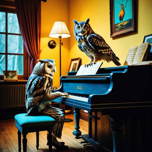Surreal Owls Playing Piano in Vintage Room