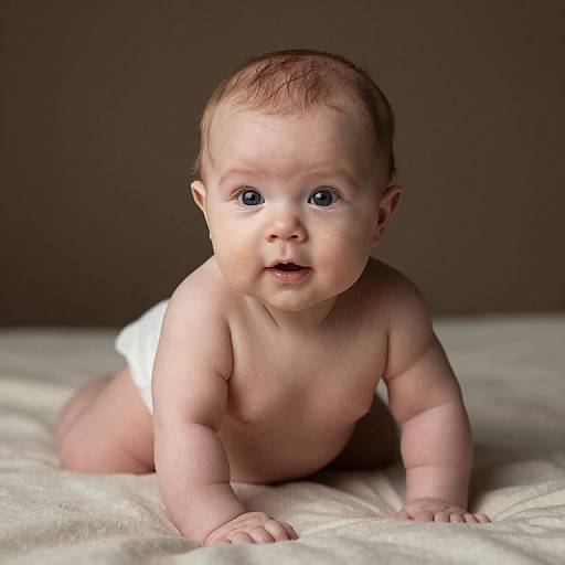 Photograph of a cute, blue-eyed, fair-skinned baby with light brown hair, wearing a white diaper, crawling on a soft, white blanket