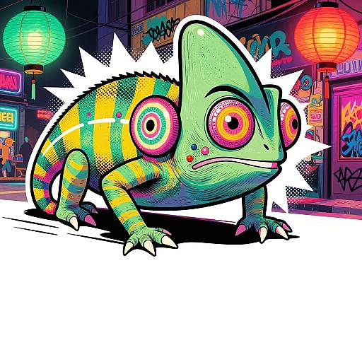 Digital artwork of a vibrant, green chameleon with colorful, neon-striped patterns and large, pink-ringed eyes, set against a neon-lit,