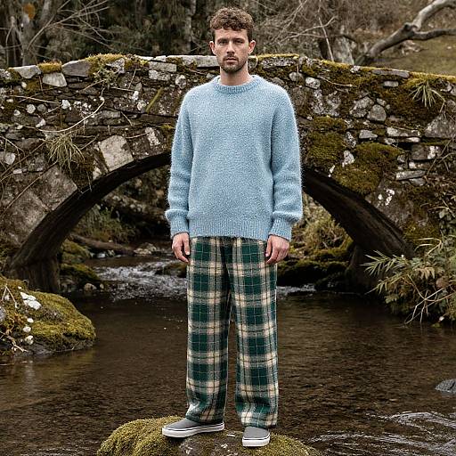 Photograph of a bearded man in a light blue sweater and green plaid pajama pants standing in front of a moss-covered stone bridge over a