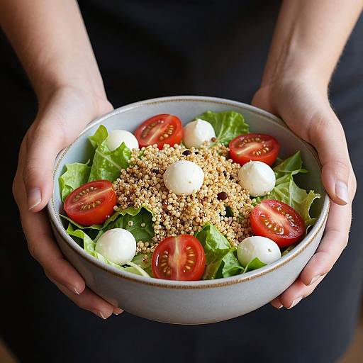Photograph of hands holding a bowl of salad with fresh lettuce, halved cherry tomatoes, white eggs, and crumbled breadcrumbs.