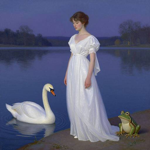 Digital painting of a fair-skinned woman in a white, flowing dress, standing by a blue lake at night, with a white swan and green