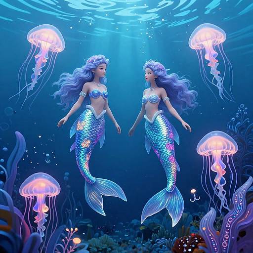 Digital art of two ethereal, blue-scaled mermaids with long, flowing hair, surrounded by glowing jellyfish, underwater with vibrant coral.