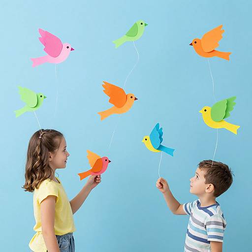 Photograph of a young girl and boy flying colorful paper birds on strings against a bright blue background. Girl in yellow shirt, boy in striped shirt.