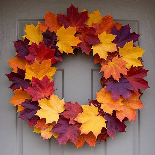 Photograph of a colorful autumn leaf wreath with orange, yellow, and deep red maple leaves, hanging on a gray wooden door.