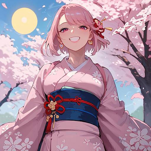Happy Anime Girl in Pink Kimono