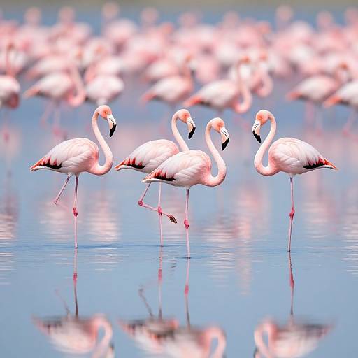 Photograph of three pink flamingos with black-tipped beaks and legs, gracefully standing in a reflective blue water pool, surrounded by a blurred flock