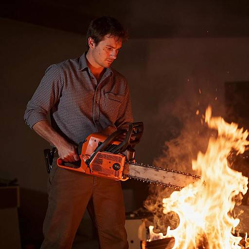 Determined Man Facing Fire with Chainsaw