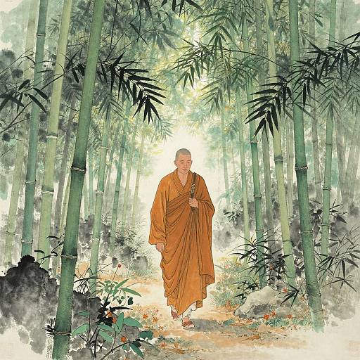Solitary Monk in Bamboo Forest
