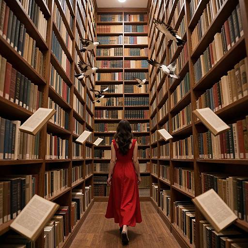 Woman in Red Dress Among Birds and Books