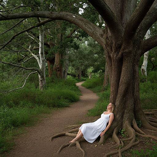 Photograph of a blonde woman in a white dress leaning against a large tree with sprawling roots, on a forest path.