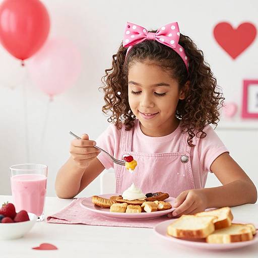 Photograph of a curly-haired girl with a pink polka-dot bow, smiling while eating dessert, surrounded by balloons and strawberries.