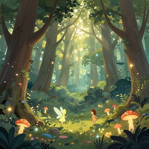Whimsical forest scene: sunlight filters through tall trees, illuminating glowing mushrooms, fireflies, and a fairy with a red-haired child, surrounded