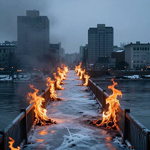 Photograph of a snow-covered pedestrian bridge at dusk, with bright orange flames burning at regular intervals along the railing, set against a foggy urban skyline